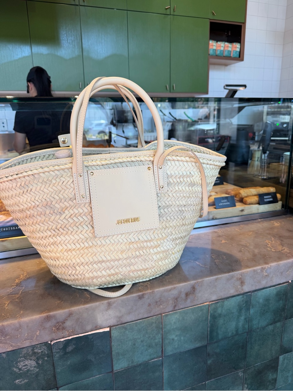 Jacquemus Cream Woven Straw Tote with Leather Trim